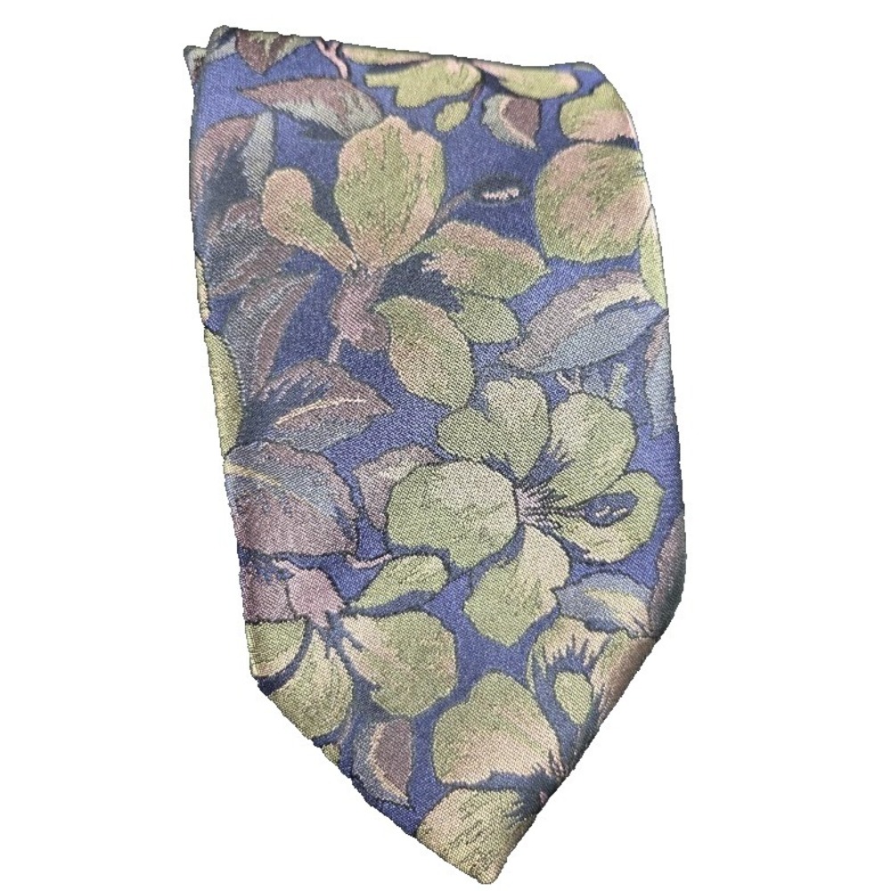 Wembley Men's Narrow Floral Tie Purple Olive Green Blue Silk Blend Necktie